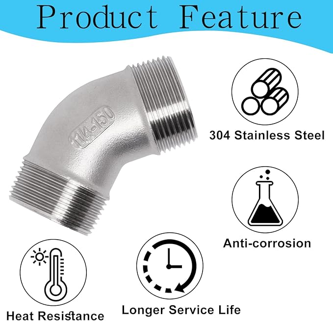 1PCS 304 Stainless Steel 45 Degree Elbow, 1-1/4" NPT Male Pipe to 1-1/4" NPT Male Coupler, Heavy Duty Forged Street Elbow Adapter Pipe Fittings, Class 150