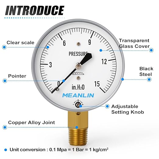MEANLIN MEASURE 0-15 in H2O Diaphragm Type Capsule Low Pressure Gauge, 1/4" NPT, 2-1/4" Face Dial, Adjustable Water Column Gauge, Lower Mount