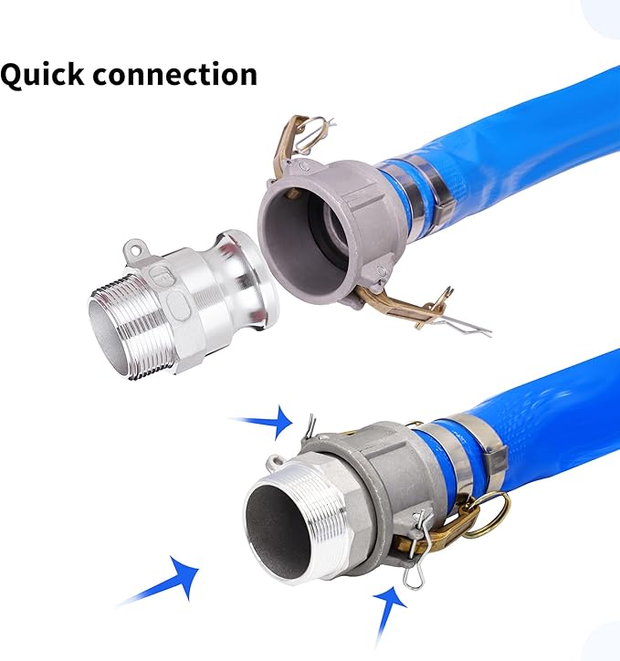 2" x 50ft PVC Lay Flat Discharge Hose With Aluminum Camlock C & E Fittings, Cam Lock Fitting Type F included, Heavy Duty Reinforced Pump Backwash Hose Assembly