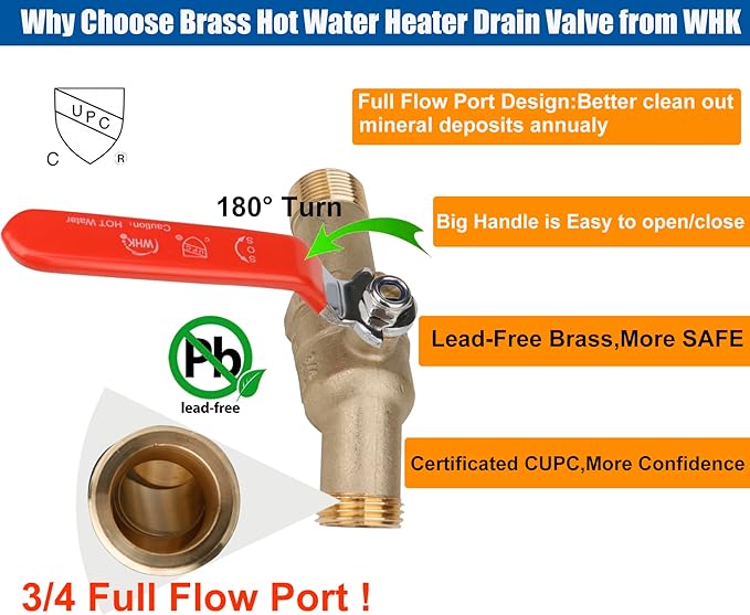 WHK Water Heater Drain Valve 3/4"MIP X 3/4" Male GHT Full Port Connection to drain or Flush Hot Water Heater Faster and Easy(Lead-Free Brass,2 Inch Shank with Long Handle)
