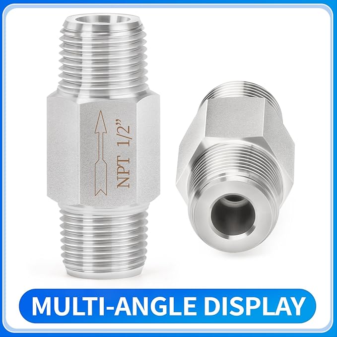 ChillWaves 304 Stainless Steel In-Line Siamese Check Valve 1/2" NPT Male Thread, One-Way Non-return Check Valve，Prevent Water Back-flow(1-PACK)