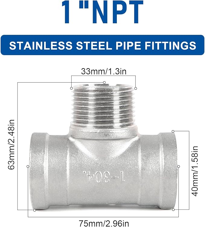 Kodilin 4PCS 304 Stainless Steel Tee Pipe Fittings, 1" NPT Female x 1" NPT Male x 1" NPT Female, Male Branch Tee