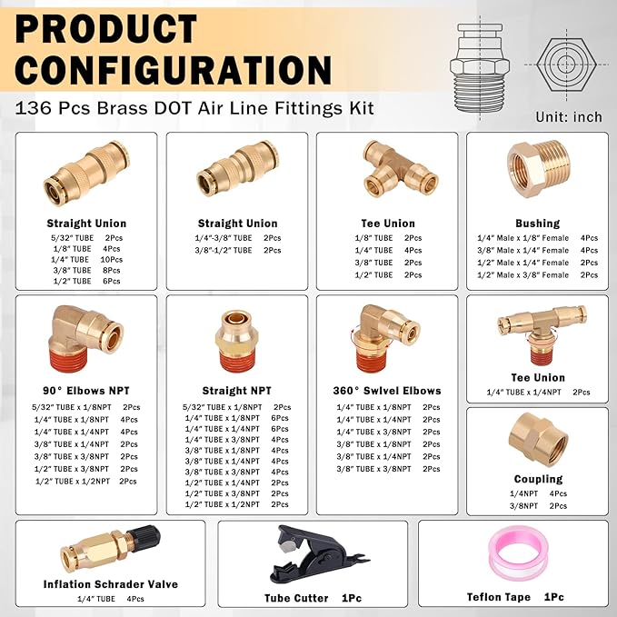 CheeMuii 136 PCS Brass DOT Air Line Fittings Kit Push Lock DOT Air Fittings Push to Connect Fittings 1/8" 1/4" 3/8" 1/2" Quick Connect Air Hose Fittings Assortment for Air Line Air Hose