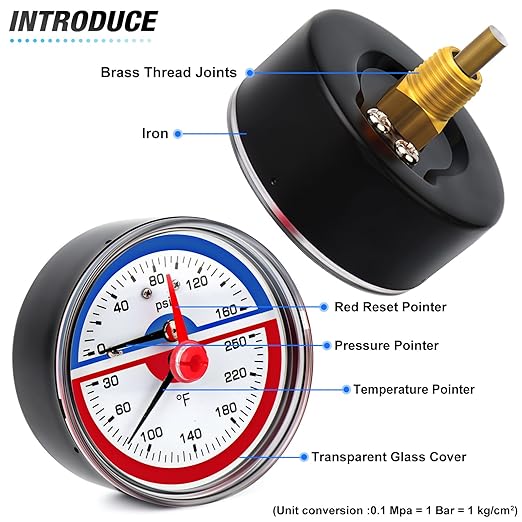 MEANLIN MEASURE 0-160Psi Thermal Pressure Gauge,0-250℉ 1/4" NPT 2.5" FACE DIAL, Boiler Temperature Pressure Gauge with Reset Pointer, with 1/2" NPT and 3/8" NPT Hex Bushing, Back Mount
