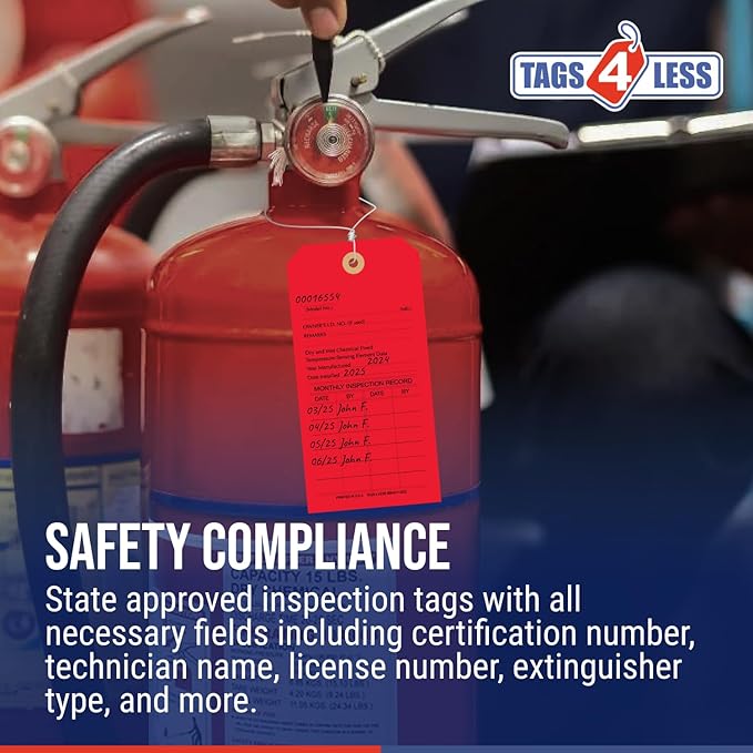 Tags 4 Less Custom Fire Extinguisher Tags – Preventative Maintenance Labels for Monthly Inspections, Alternative to Safety Sticker for Easy Record-Keeping – Pack of 100 (Red, Cardboard)