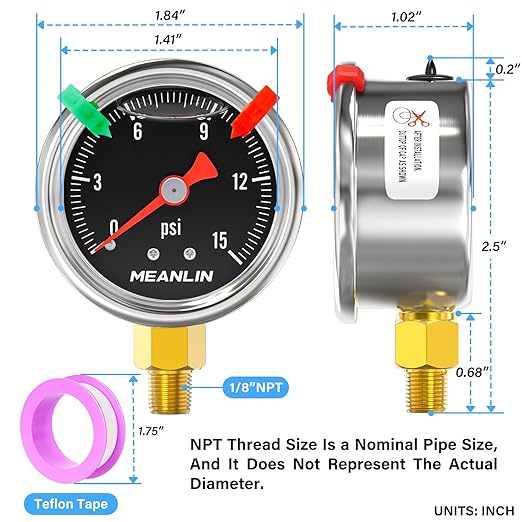 MEANLIN MEASURE 0~15Psi Black Stainless Steel Pressure Gauge, Glycerin Filled 1/8" NPT 1.5" FACE DIAL, Liquid Filled Pressure Gauge WOG Water Oil Air Lower Mount (with 2PCS Snaps)
