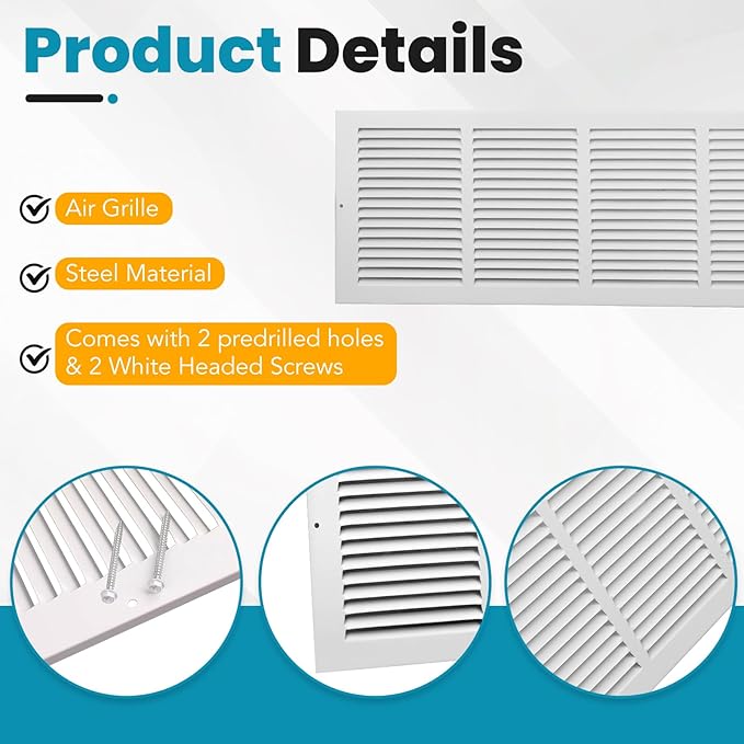 VOISEN Return Air Grille,Fits 30x8 Duct Opening,Steel Return Vent Cover, White Vent Cover Grill for Sidewall and Ceiling,HAVC Cold Air Return Vent Cover,Overall Size:31.8"W X 9.8"H