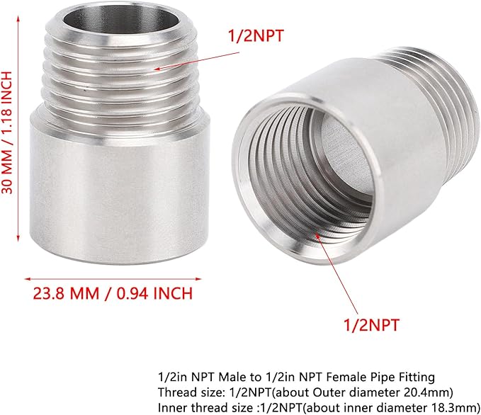 1/2 Inch NPT Male to 1/2 Inch NPT Female Pipe Fitting Adapter, Stainless Steel Pipe Coupler, 304 Stainless Steel Pipe Extension Fitting with Universal Compatibility for Plumbing