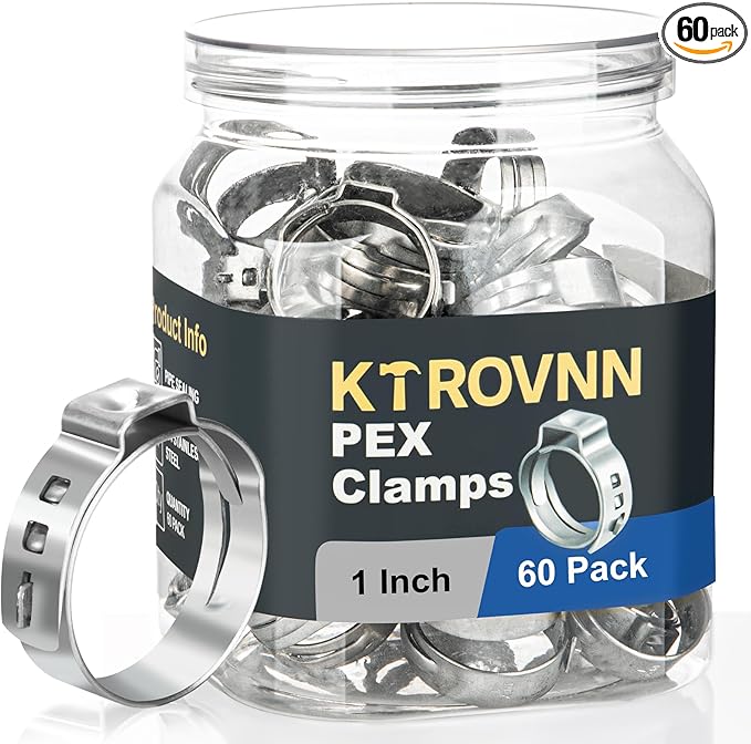 60 Pack 1 Inch PEX Cinch Clamps Rings, Heavy Duty 304 Stainless Steel Pex Crimp Rings, Thickened Single Ear Hose Clamps for PEX Tubing Pipe Fitting Connections