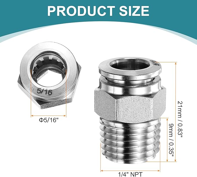 HARFINGTON Push to Connect Fittings 5/16" Tube OD x 1/4" NPT Thread Male Straight Union Fittings 304 Stainless Steel Quick Connect Pneumatic Accessories for Trailers Air Brake System