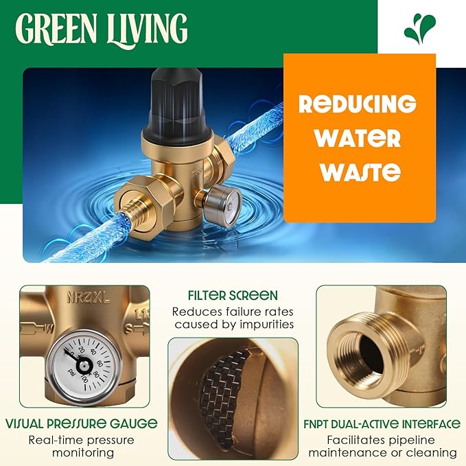Upgraded 3/4" Water Pressure Regulator, FNPT Double Union, Polymer, Visual Pressure Gauge, 10–70 PSI, Precise Adjustment, One-stop Water Solution, For Residential or Commercial Premises