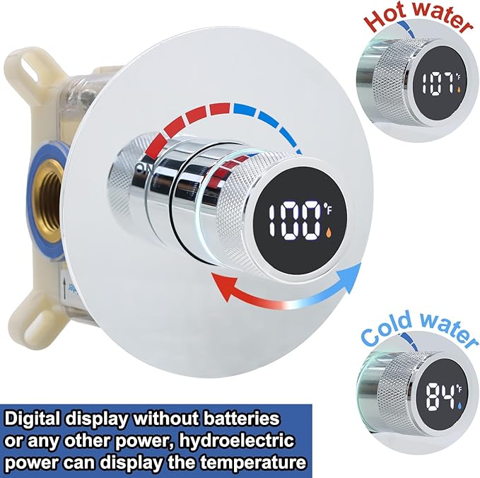 Round Digital Display Shower Valve Shower Diverter Single Way Shower Mixing Valve Concealed Installation in Wall for Bathroom Polished Chrome