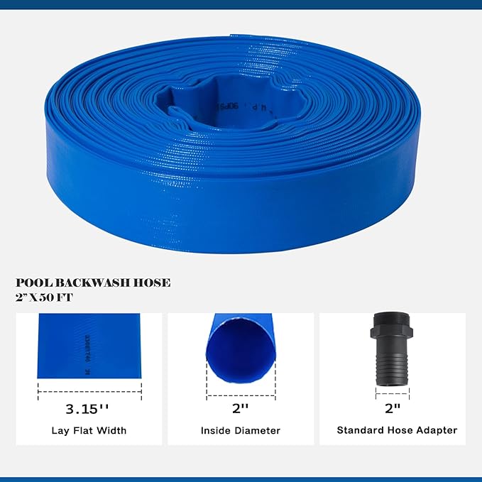 Eastrans 2 in x 50 ft Pool Backwash Hose Kit with Male NPT Adapter,Heavy Duty Discharge Pump Hose for Swimming Pool,Reinforced Pool Drain Hose with 2 Clamps and Thread Seal Tape,6 Bar