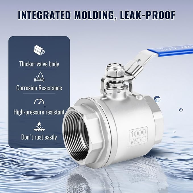 2 Pack 2" Ball Valves NPT Female Valve 304 Stainless Steel Full Port Locking Ball Valve Handle, Heavy Duty Shut Off Valve for Home and Industrial (2 Inch)