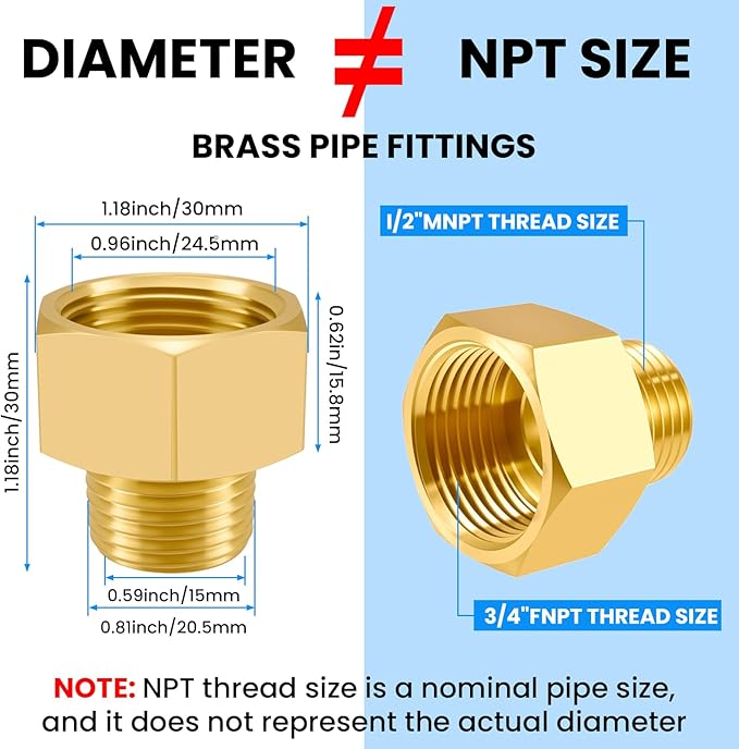 SDTC Tech 4-Pack Brass Pipe Fitting 1/2 NPT Thread Male to 3/4 NPT Thread Female Reducer Adapter, Brass Pipe Extension Connectors