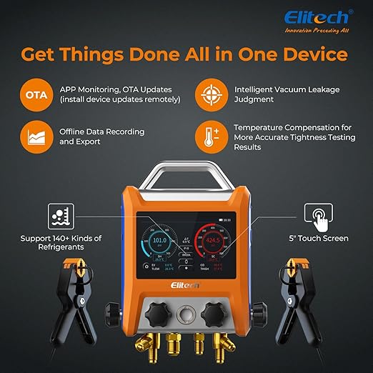 Elitech Digital Manifold Gauge HVAC 4 Valve Manifold Gauge with Hoses Vaccum Sensor Thermometer Clamps, EMG-40V