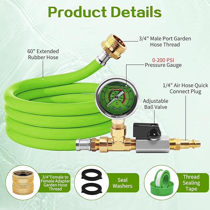 RV Winterizing Kit with Pressure Gauge, 60inch RV Winterize Hose with 3/4" GHT Blow Out Fitting Adaptor & 1/4" Quick Connect Plug, Sprinkler Winterization for RV, Camper, Boat, Travel Trailer, Green