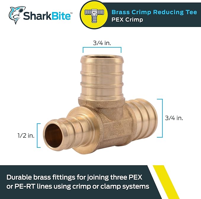 SharkBite 3/4 Inch x 1/2 Inch x 3/4 Inch Crimp Reducing Tee, Brass Plumbing Fitting, PEX Pipe, PE-RT, UC444LFA (Pack of 2)