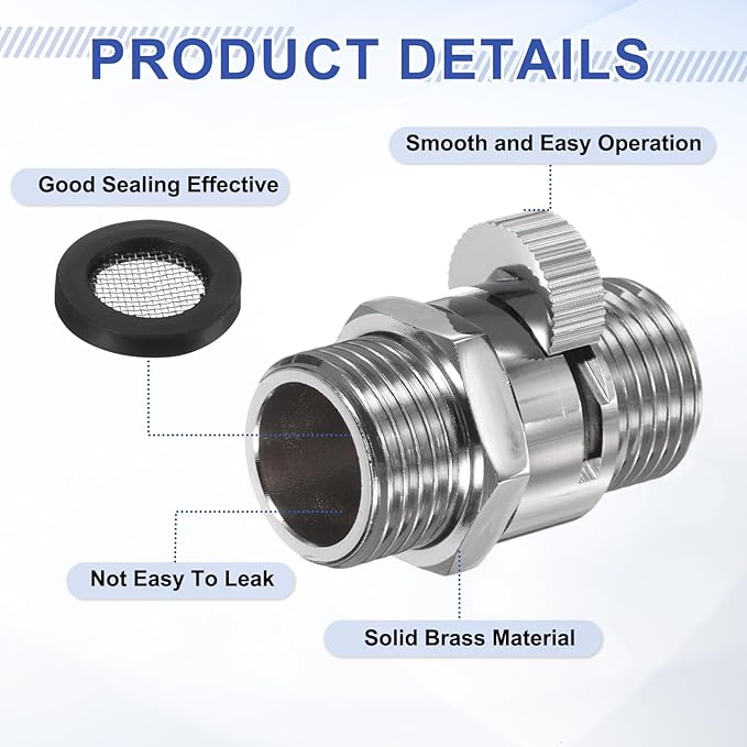 uxcell 3 Set G1/2" Male x Male Shower Shut Off Valve, Brass Water Flow Control Valve for Shower Head with Hose Flow Restrictor, Silver