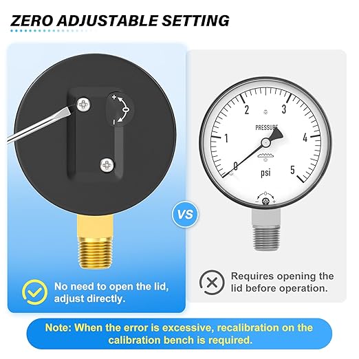 MEANLIN MEASURE 0-3Psi Diaphragm Type Capsule Low-Pressure Gauge, Water Column Gauge, 2.6" Dial, 1/4" NPT, Rear Adjustable Knob, with 1/2" NPT and 3/8" NPT Hex Bushing, Lower Mount