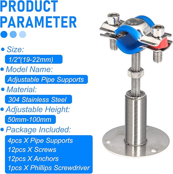 Kodilin 4PCS 304 Stainless Steel Wall Mount Ceiling Mount Pipe Supports,Suitable for OD Pipe 1/2"(19-22mm),Adjustable Height 50-100mm,Adjustable Pipe Strap Clamp with Screws