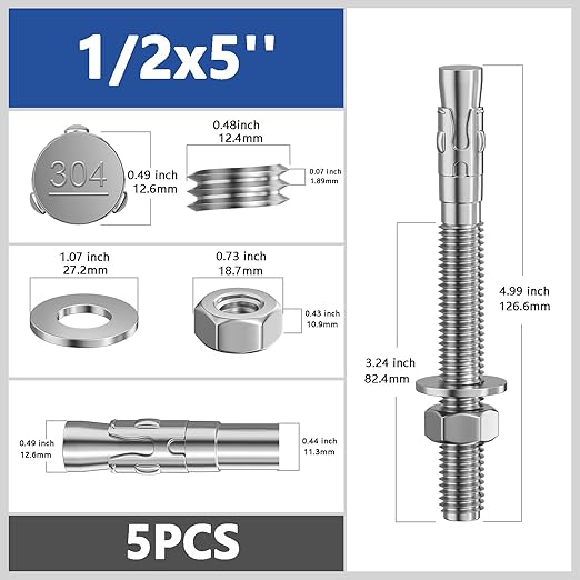 5Pcs 1/2x5 Inch Standard Fasteners for Heavy-Duty 304 Stainless Steel Wedge Anchors for Cement and Concrete