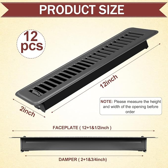 Tandefio 12 Pcs 2" x 12" Floor Register Vent Covers Metal Heavy Duty Walkable Floor Air Vent Covers with Rust Proof Finish Grille Easy Adjust Air Supply Lever for Home Wall Ceiling (Gray)