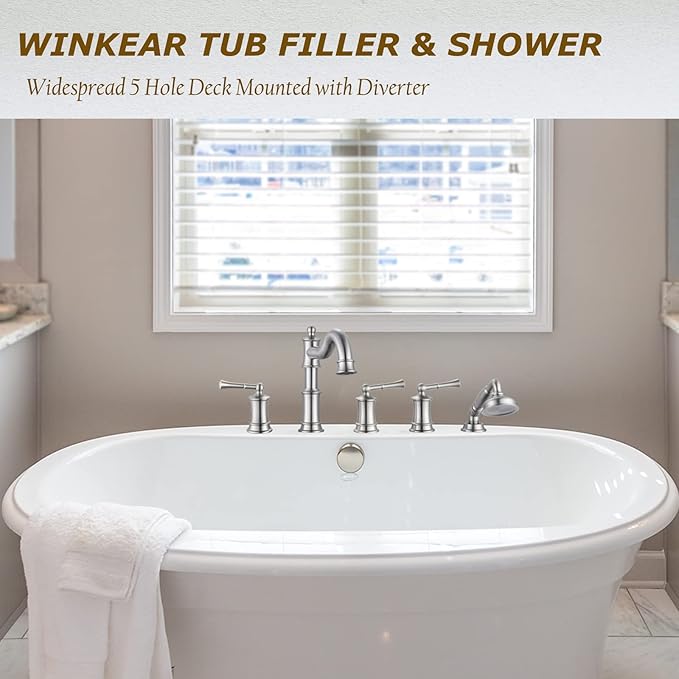 Roman Tub Faucet Set With Handheld Shower 5 Hole Deck Mount Tub Filler With Diverter, 3 Lever Handle Rough-in Valve and Water Supply Lines Included for Bathroom Tub, Brushed Nickel
