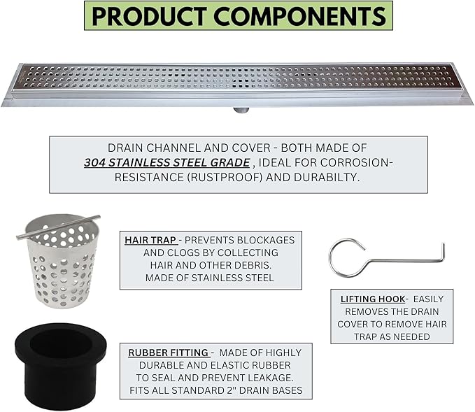 SereneDrains 304 Stainless Steel Brushed Nickel Linear Shower Drain Kit Traditional Square Linear Shower Drains for Tile Floor Long Hair Catcher Strainer Grate Cover Bathroom (59 Inch)