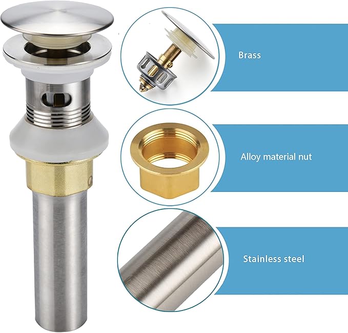 Bathroom Sink Drain,2 Pack Drain Stopper Bathroom Sink with Overflow,Pop Up Drain Assembly with Detachable Strainer Basket,Built-in Anti-Clogging Strainer,Stainless Steel Brushed Nickel