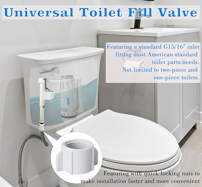 Toilet Fill Valve Replacement Kit, Universal Height Adjustable Toilet Repair Kit Inside Tank Anti Siphon Water Valve With G3/4 Connection, Equipped With G1/2 Adapter for Fast Install