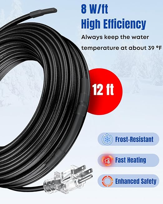Pawfly 12 FT Heat Tape for Water Pipes, 8 W/ft 120 V Pipe Heating Tape, Self-Regulating Heat Trace for Pipe Freeze Protection, Heating Cable for Pipes Roofs, Keep Water Flowing at -40 °F
