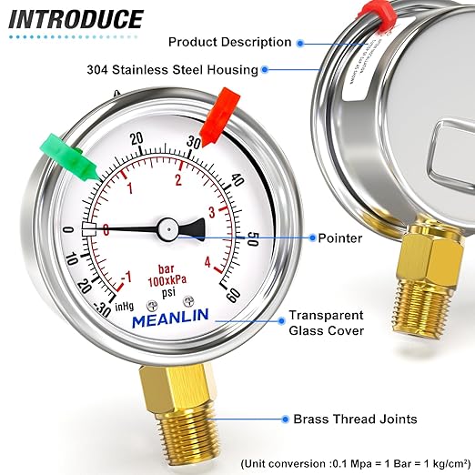 MEANLIN MEASURE -30inHG~60Psi Vacuum Gauge Stainless Steel 1/4" NPT 2" FACE DIAL Waterproof for Air Compressor HVAC Negative Pressure Hand Pump Pool Lower Mount (with 2PCS Snaps)