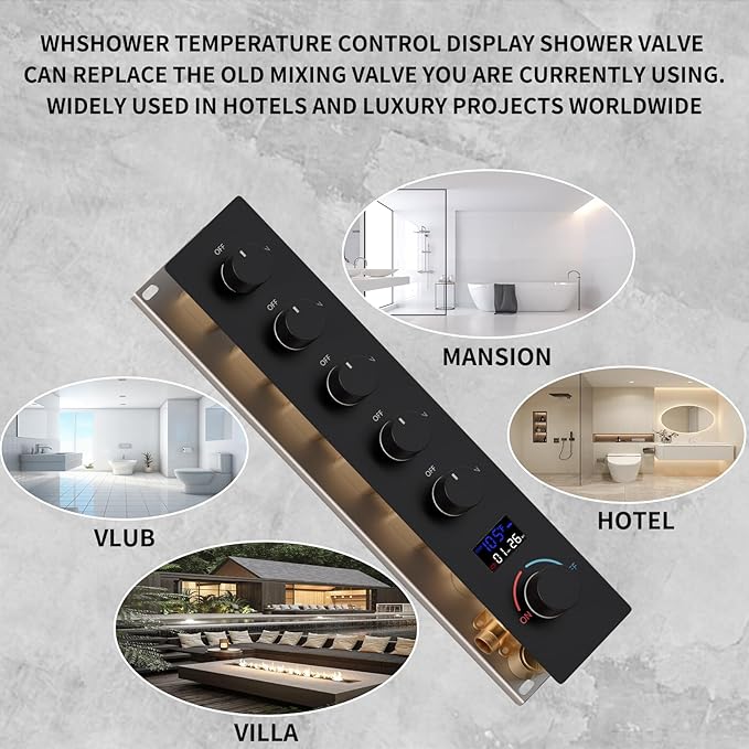 Solid Brass 5 Way Shower Diverter Valve with Temperature Display Shower Mixer Valve Bathroom Shower Diverter Replacement,Matte Black