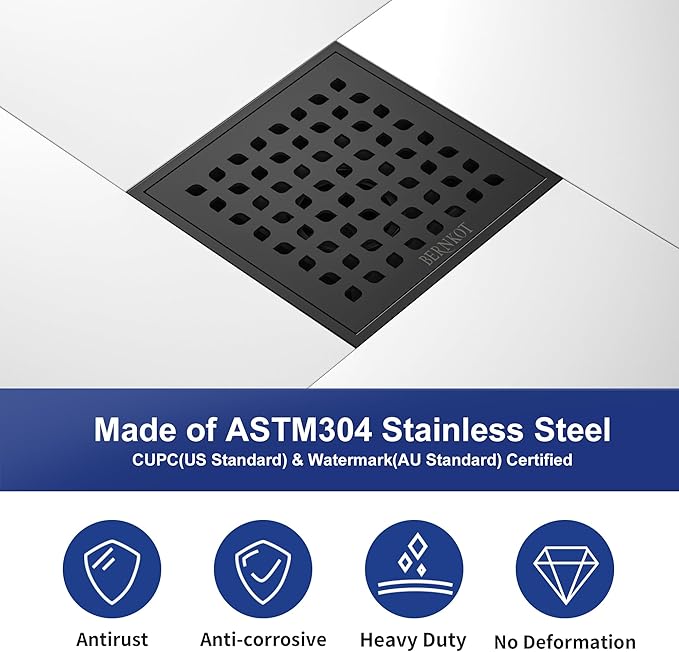 Square Shower Drain, 6" Matte Black with PVC Bonding Flange Base 304 Stainless Steel Drain Grate Removable with Stainless Drain Key for Low Profile Shower Tiles, CUPC Certified