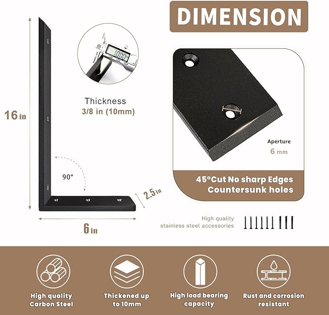 Countertop Support Bracket 16 Inch 3 Pack Countertop Bracket for Granite 3/8" Thick 16"x6"x2.5" Heavy Duty L Brackets Shelf Brackets Metal Corbels for Quartz/Granite/Wood/Concret/ Laminate Countertops