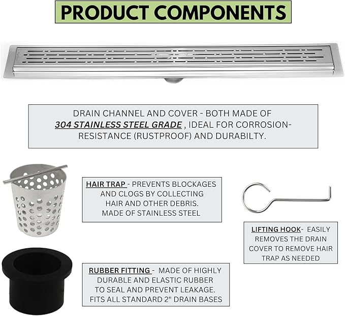 SereneDrains 304 Stainless Steel 16 Inch Linear Polished Chrome Shower Drain Kit Broken Lane Linear Shower Drains for Tile Floor Long Hair Catcher Strainer Cover Bathroom (Polished Chrome, 16 Inch)