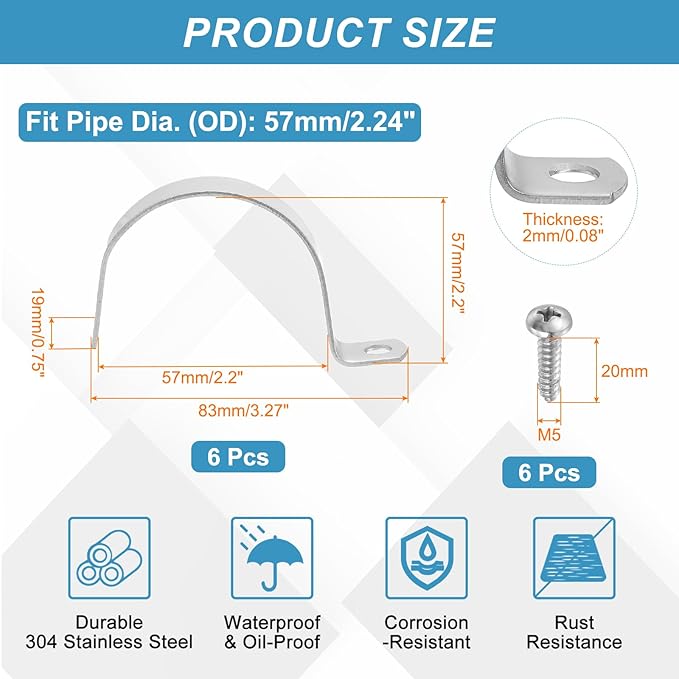 uxcell 6Pcs 57mm(2-1/4") One Hole Rigid Pipe Strap, 304 Stainless Steel Conduit Clamp Thicken U Bracket Heavy Duty Pipe Clamp with Self-Tapping Screws for Fixing Tube Cable, Silver
