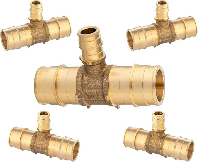 (5-Pack) Seelink PEX-A Expansion Fittings, 1" x 1" x 1/2" PEX-A Tee, Brass Expansion Pipe Fittings, for PEX Tubing Pipe Hose Fittings, ASTM F1960