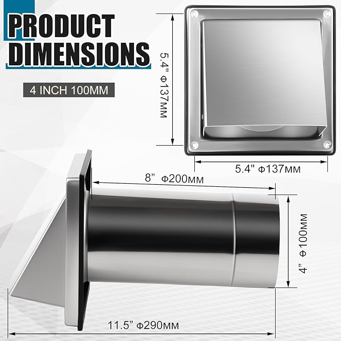 Gisafai 4" Outside Dryer Vent Cover for Exterior Walls Exhaust Vent Cap with Removable Extension Pipe Stainless Steel Hood Cushioned Non Return Flap with Sealing Gasket Grille Screen