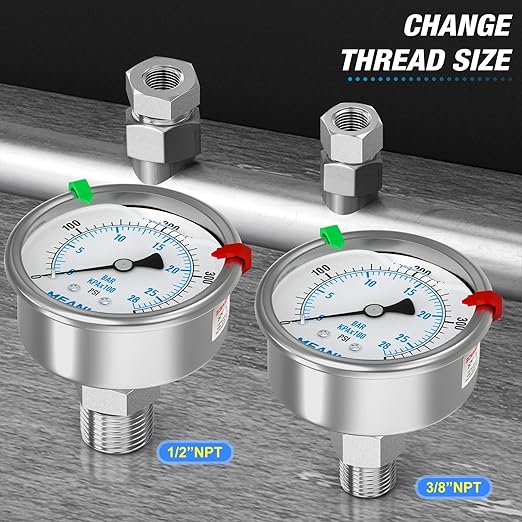 MEANLIN MEASURE 0~400Psi Stainless Steel Liquid Filled Pressure Gauge 2.5" FACE DIAL 1/4" NPT for Air Compressor Air Regulator Water Filter Back Mount with Stainless Steel Hex Bushing and Snaps