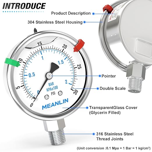 MEANLIN MEASURE 0~30Psi Liquid Filled Pressure Gauge Stainless Steel 2.5" FACE DIAL 1/4" NPT 316 Stainless Steel Joint for Pool Sand Filter Water Oil Air Pressure Test Lower Mount, with 2PCS Snaps