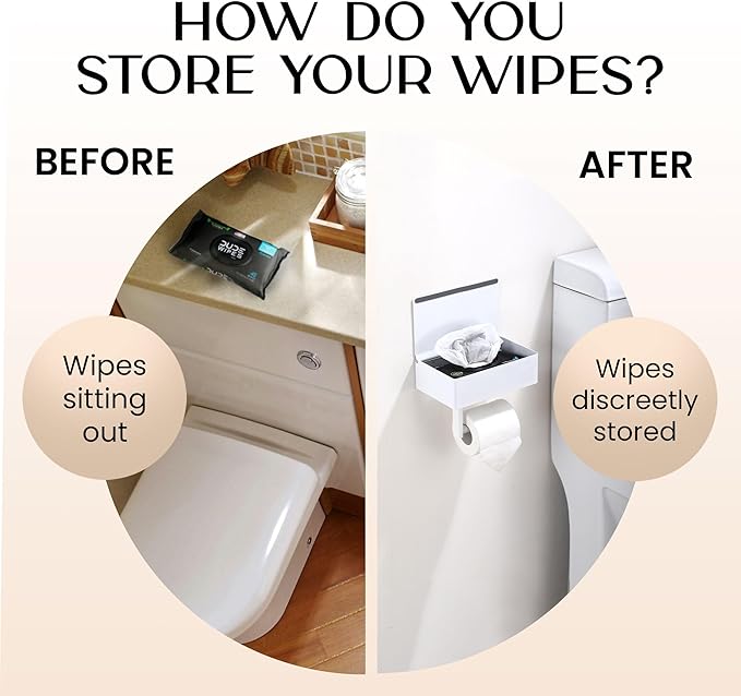 Day Moon™ White Toilet Paper Holder with Shelf - Wipe Holder for Bathroom, Flushable Wipes Dispenser, Toilet Paper and Wipes Holder