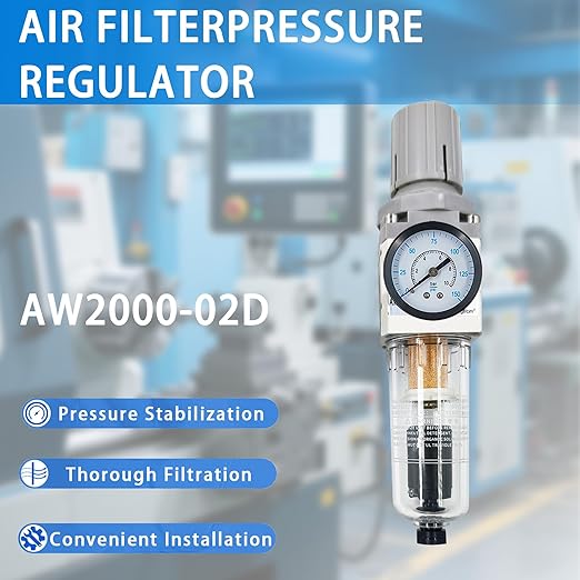 XingNEeng 1/4" NPT Compressed Air Filter Regulator Lubricator Combo, Auto-Drain Water/Oil Trap Separator, Gauge(0-150 psi), Poly Bowl, Metal Bracket, 5 Micron Brass Element, for Pneumatic Systems