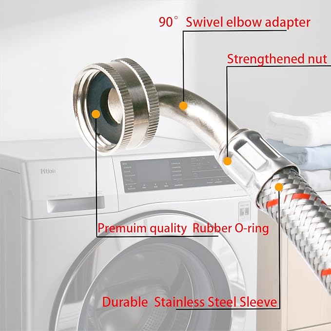 WHK 2 Pack 20ft Washing Machine Hoses Stainless Steel Washer Hoses with 90 Degree Elbow Washer Hot and Cold Water Hose Connection Inlet Washer Supply Lines