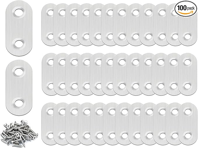 100PACK 1.4INCH X 0.6INCH Stainless Steel Straight Flat Bracket Repair Plate Brace,Mending Joining Plates for Wood, Board, Bed Frame, Furniture & Shelves,with Screws