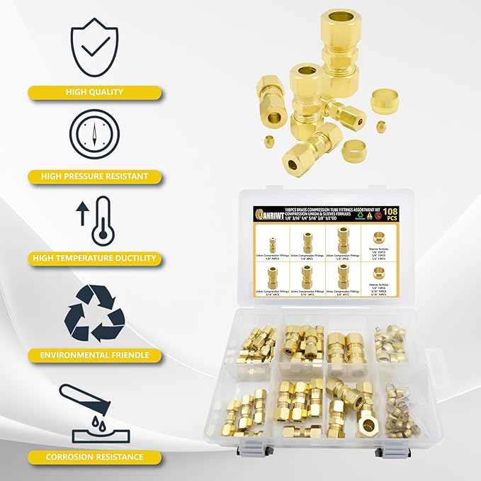 108pcs Brass Compression Tube Pipe Fittings Assortment Kit, 1/8" 3/16" 1/4" 3/8" 5/16" 1/2" OD Compression Union Connector & Compression Sleeves Ferrules