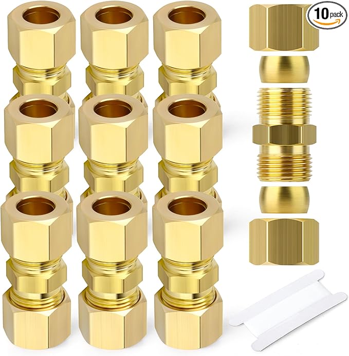 GASHER 10PCS Brass Compression Tube Pipe Fitting Connector, 12mm Tube OD Connector