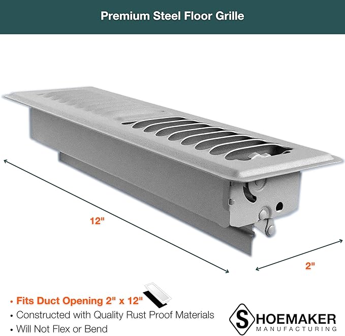 Shoemaker 2x12 Floor Register – Cement Gray Heavy Duty Metal Floor Vent Cover for Home Floors - Premium Forced Air Vent Covers
