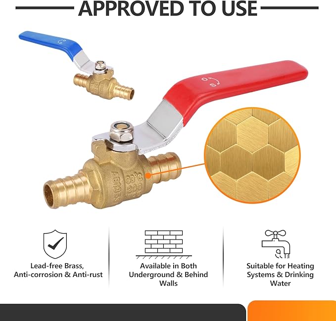 HeSun 10-PCs 1/2 Inch PEX Ball Valves, Full Port Brass Crimp Shut-off Valve, 1/4 Turn for Hot and Cold Water, ASTM F1807,Blue & Red